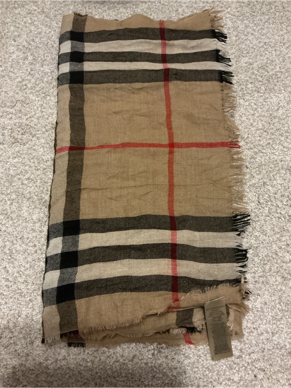 Burberry Beige Plaid Scarf with Black and Red Stripes
